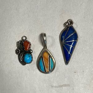 Vtg Native American Turquoise Spiny Oyster Coral Blue Lapis Sterling Pendent Lot